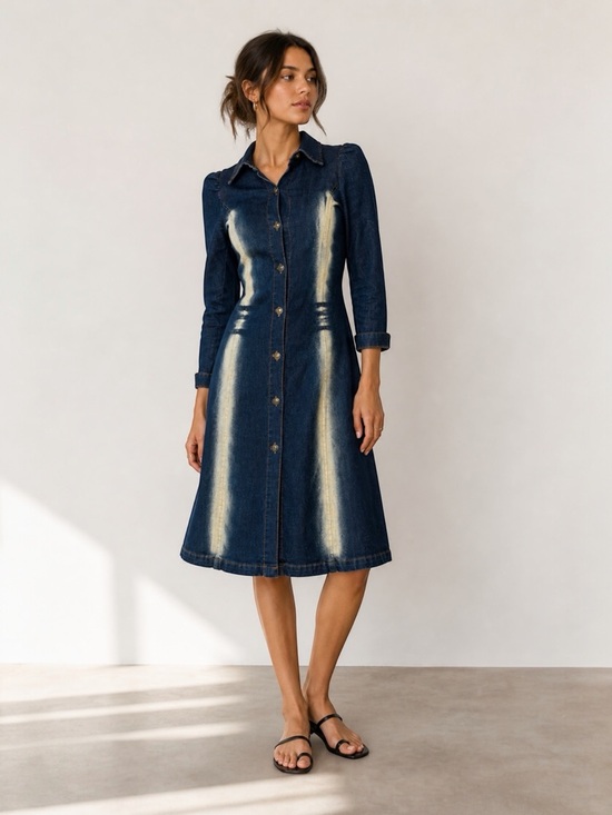 Un Deux Trois Dresses & Skirts - Un Deux Trois Denim Midi Dress Button Front Bleach Wash Panel USA Size 12